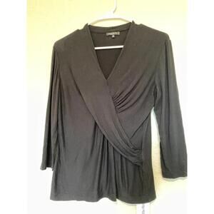 Lafayette 148 Top Medium Petite Womens Black Cross Wrap Long Sleeve Blouse